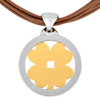 Bvlgari Tondo Clover Pendant Necklace Stainless Steel with 18K Yellow Gold and Cord