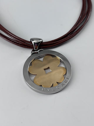 Bvlgari Tondo Clover Pendant Necklace Stainless Steel with 18K Yellow Gold and Cord