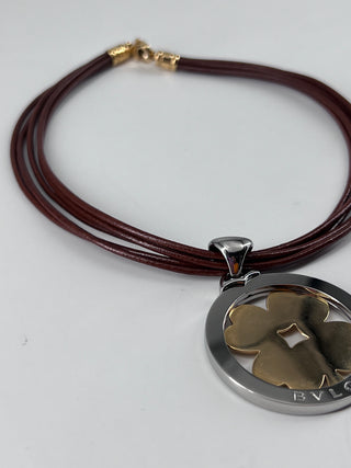Bvlgari Tondo Clover Pendant Necklace Stainless Steel with 18K Yellow Gold and Cord