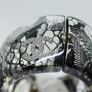 Chanel CC Hinged Bangle Bracelet Resin with Lace and Faux Pearls