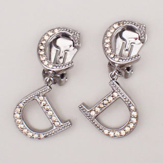 Christian Dior CD Logo Rhinestone Drop Earrings Clip-On Rhinestone,Silver Plated