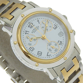 Hermes Clipper Chronograph Quartz Watch Stainless Steel with Plated Metal and Mother of Pearl
