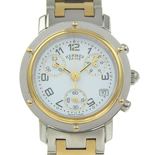 Hermes Clipper Chronograph Quartz Watch Stainless Steel with Plated Metal and Mother of Pearl