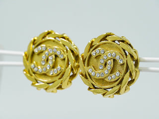 Chanel Vintage CC Round Clip-On Earrings Metal with Crystals