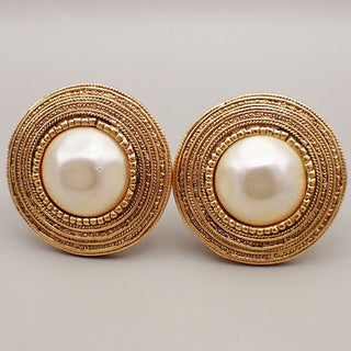 Chanel Vintage Round Clip-On Earrings Metal with Faux Pearl