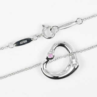 Tiffany & Co. Elsa Peretti Open Heart Pendant Necklace Sterling Silver with Pink Sapphire