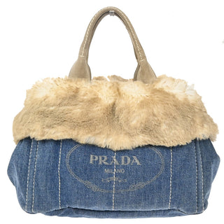 Prada Canapa Tote Denim and Fur