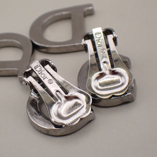 Christian Dior CD Logo Rhinestone Drop Earrings Clip-On Rhinestone,Silver Plated