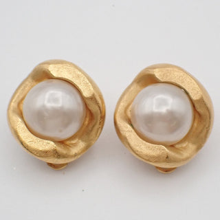 Chanel Vintage Round Clip-On Earrings Metal with Faux Pearl