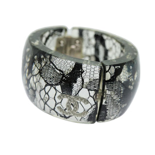 Chanel CC Hinged Bangle Bracelet Resin with Lace and Faux Pearls