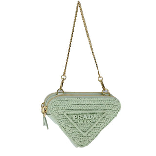 Prada Triangle Logo Zip Around Shoulder Bag Raffia and Leather