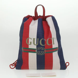 Gucci Logo Drawstring Backpack Striped Canvas