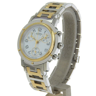 Hermes Clipper Chronograph Quartz Watch Stainless Steel with Plated Metal and Mother of Pearl