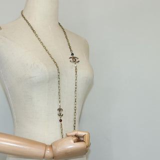 Chanel Vintage Double Strand CC Pendant Necklace Metal with Crystals